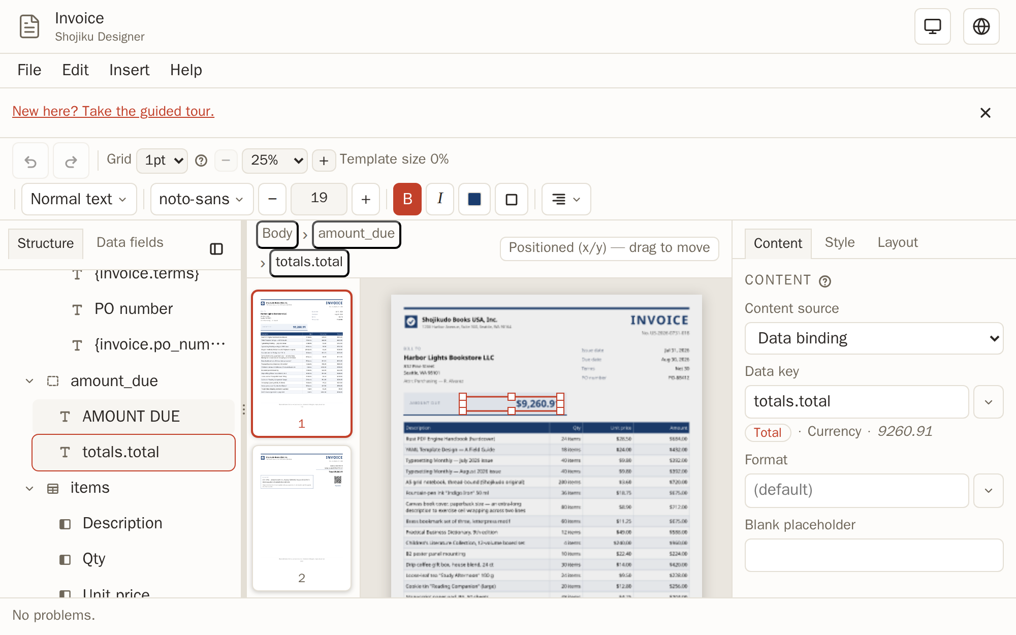 The Designer with the invoice template open, the bound total selected and its data key shown in the property panel